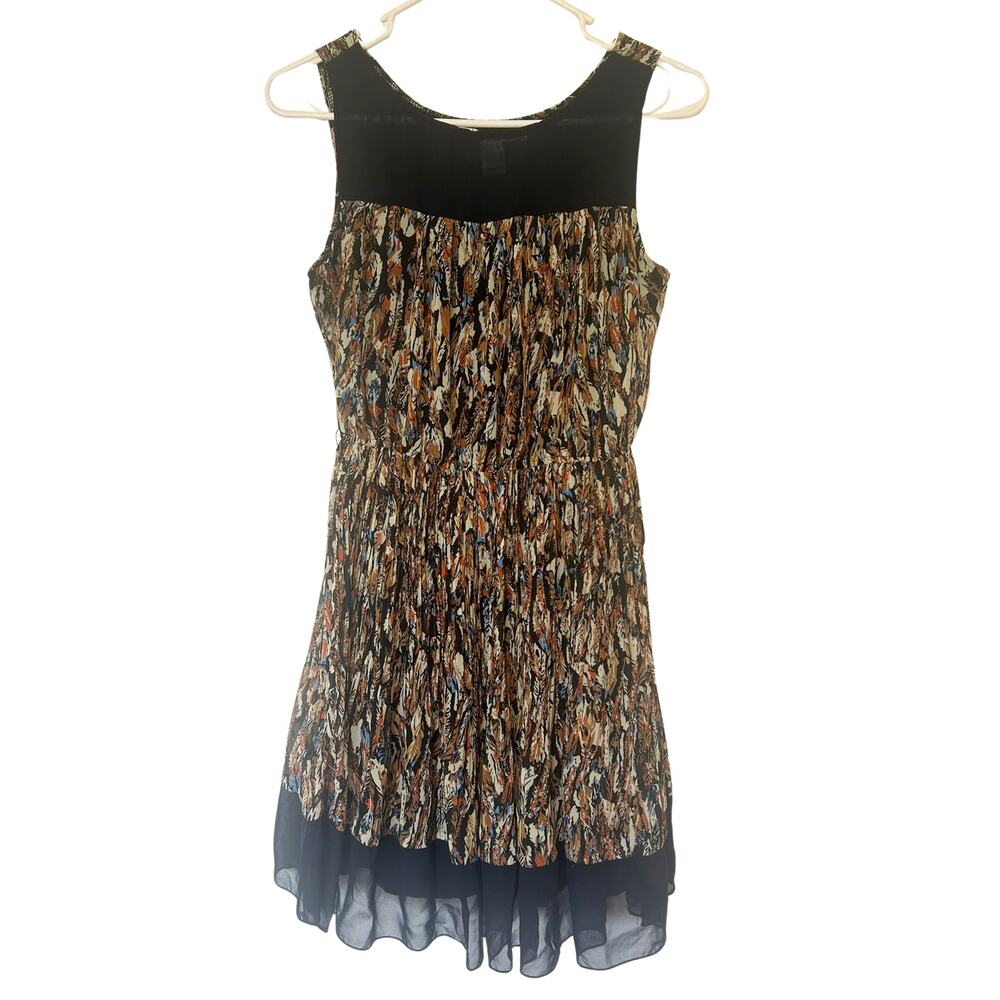 American Rag CIE S Black Abstract Feather Print Chiffon Pleated Dress Indie